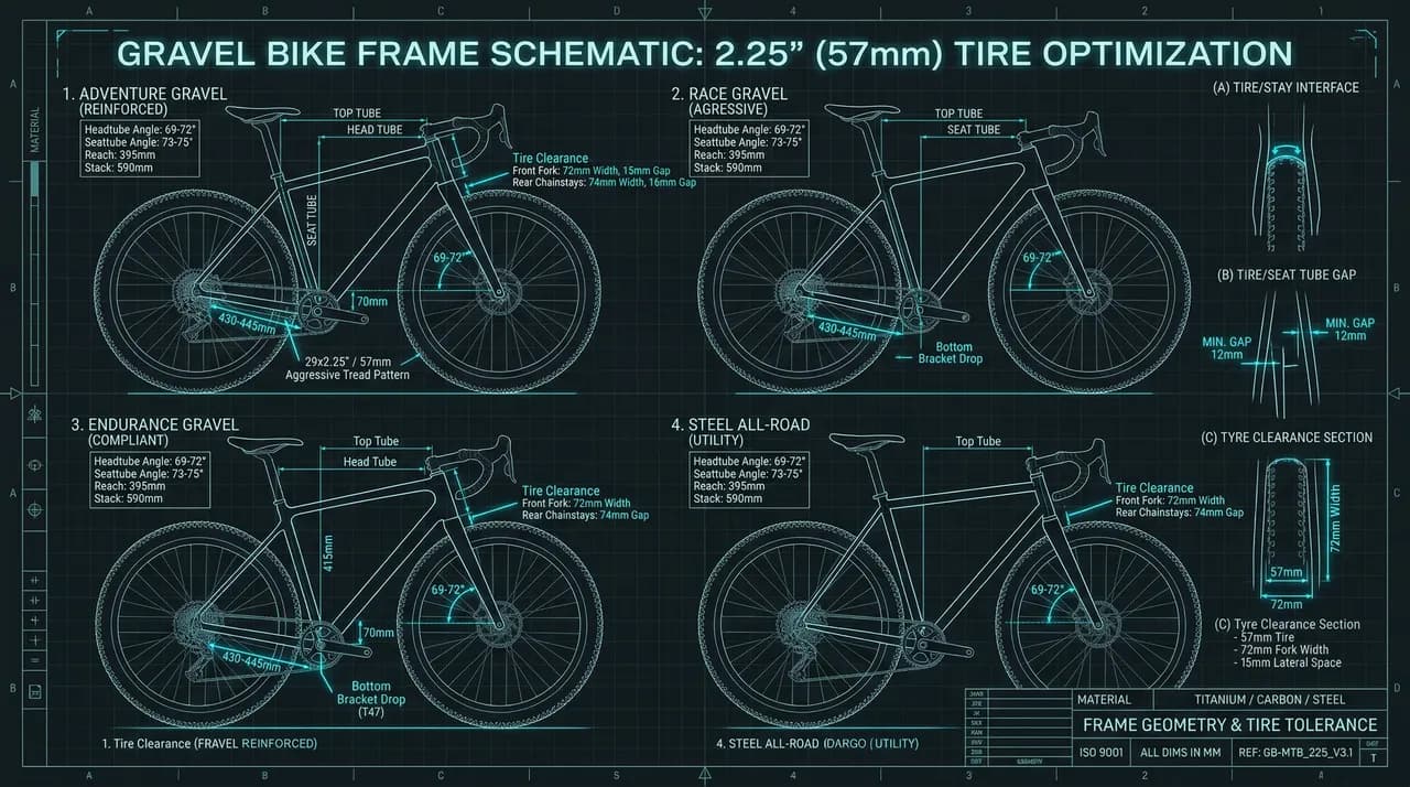 Side-view comparison of 5 gravel bike frames with oversized 2.25-inch mountain bike tires installed, technical diagram with clearance annotations on dark charcoal background