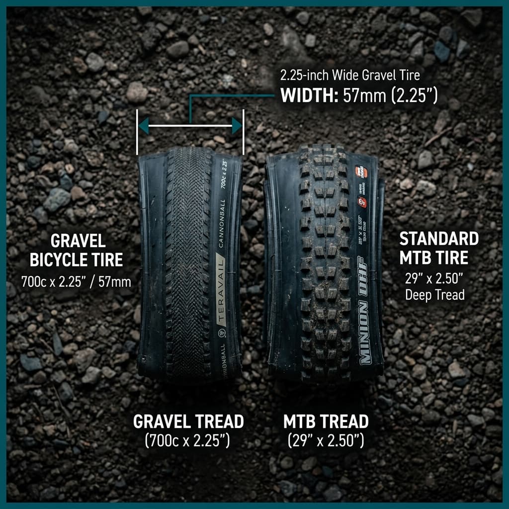 2.25-inch wide gravel tire next to standard MTB tire for comparison with 57mm dimension callout — CrankSmith gravel compatibility guide
