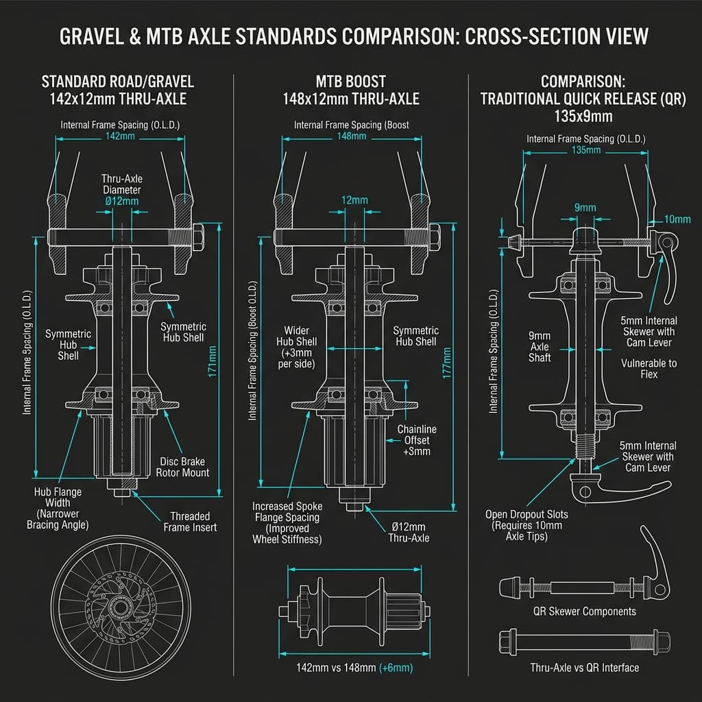 Gravel bike axle standards comparison diagram: 142x12mm thru-axle vs 148x12mm Boost with QR reference — CrankSmith standards guide 2026