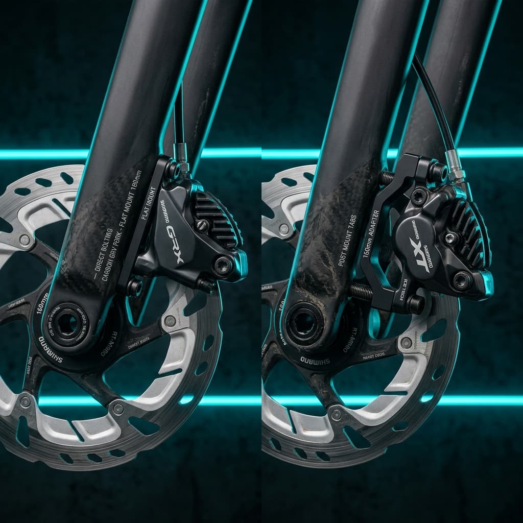 Flat mount vs post mount disc brake calipers on gravel fork with 160mm rotor — CrankSmith brake standards guide 2026