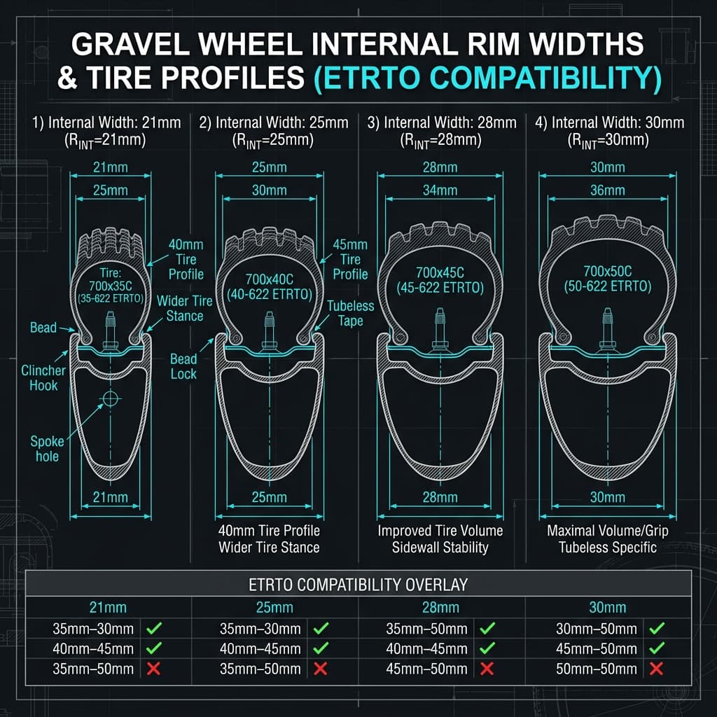 Gravel wheel internal rim width cross-sections: 21mm, 25mm, 28mm, 30mm with ETRTO tire compatibility chart — CrankSmith rim guide 2026