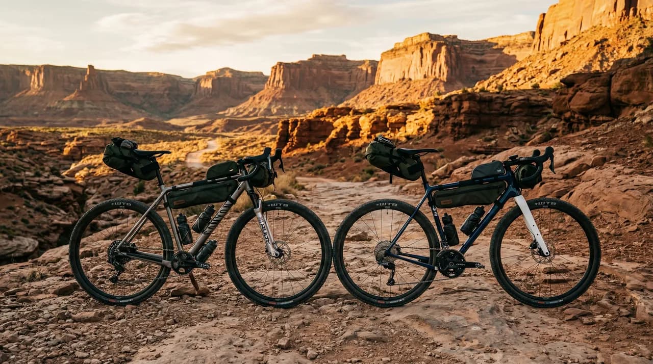 Side-by-side comparison photos of two gravel bikes parked on rocky desert trail: left bike with silver RockShox Rudy suspension fork, right bike with white carbon rigid fork, warm amber Utah sunset lighting