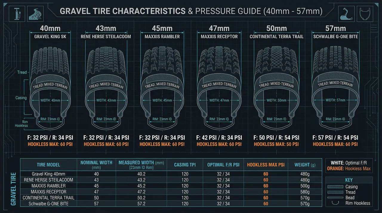 Technical pressure reference chart showing 6 gravel tire widths from 40mm to 57mm with PSI recommendations, ETRTO hookless limits, dark background data visualization