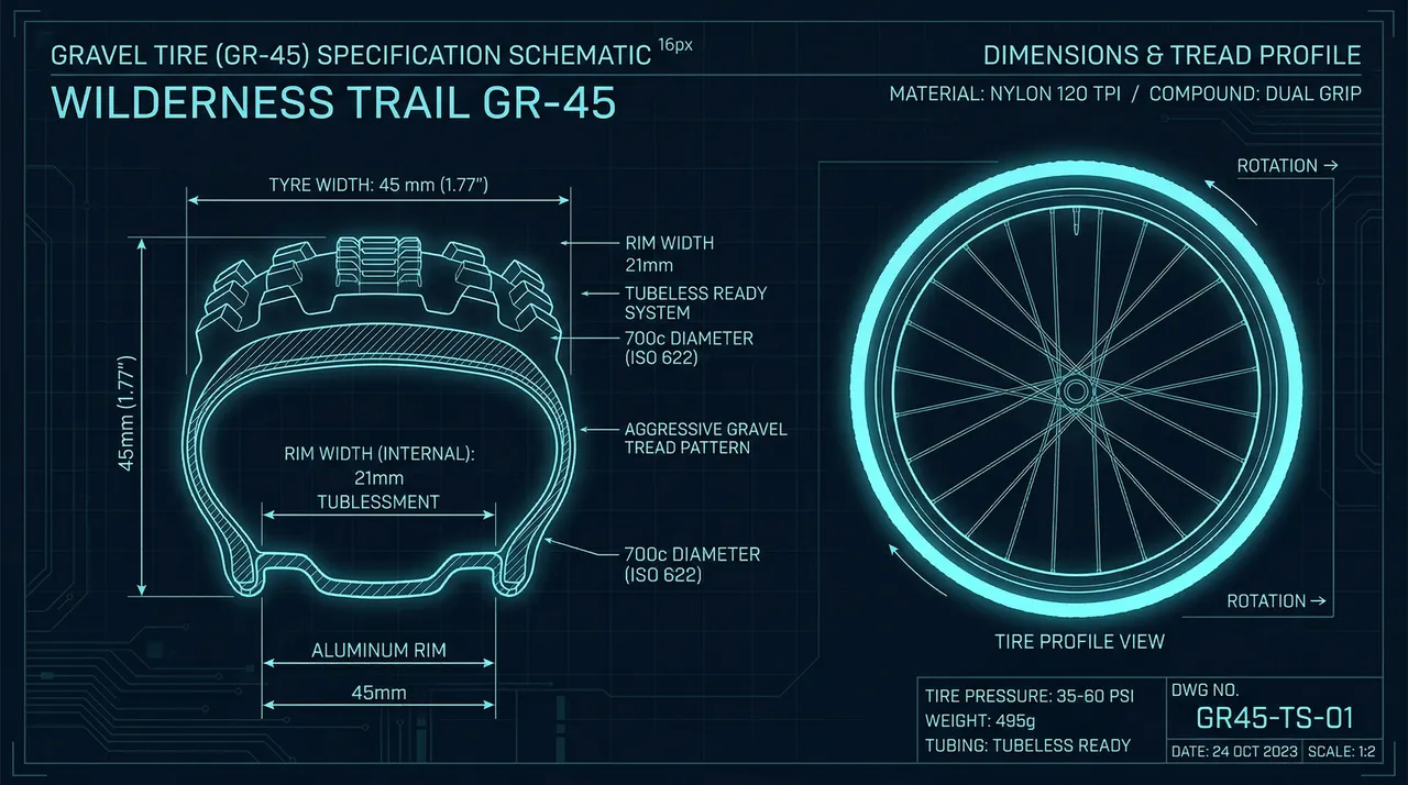 45mm gravel tire cross-section technical blueprint with dimension callouts and PSI ranges — CrankSmith compatibility guide