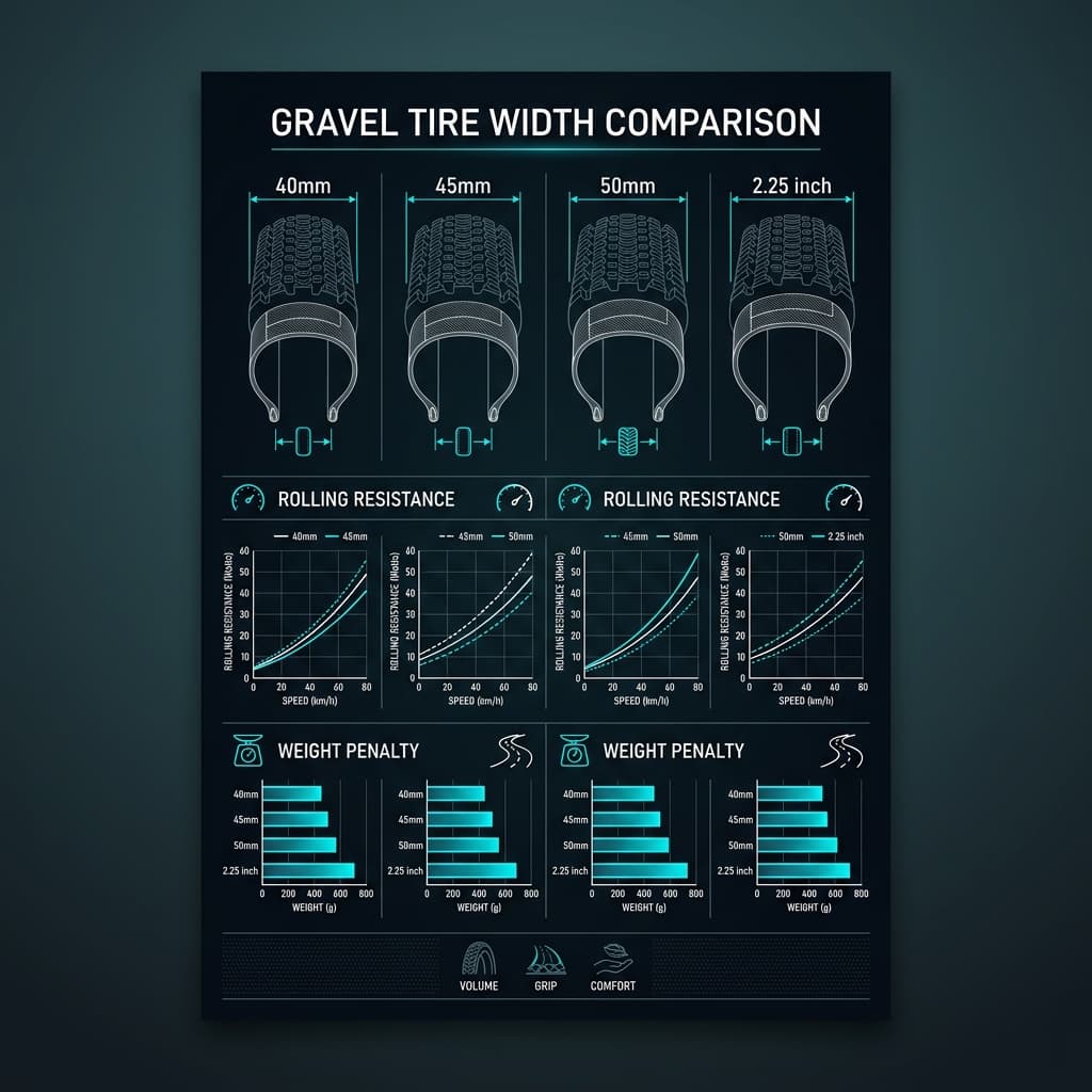 Gravel tire width comparison chart showing 40mm, 45mm, 50mm, and 2.25-inch cross-sections with rolling resistance curves and weight data — CrankSmith tire guide 2026