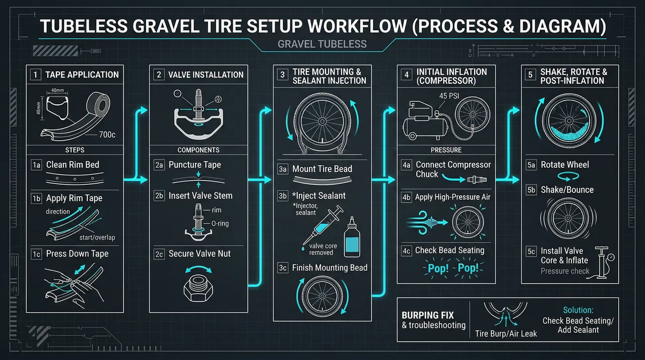 Technical flowchart diagram showing gravel tubeless tire installation process: tape application, valve installation, sealant injection, inflation with compressor, burping fix — numbered workflow nodes on charcoal background