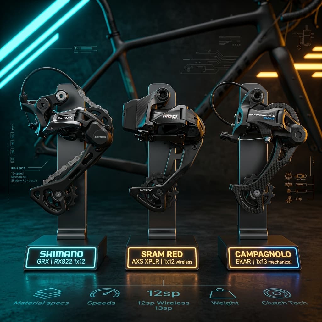 Premium gravel groupset derailleurs compared — budget alternatives available from SRAM Apex, MicroShift, and Shimano CUES — CrankSmith groupset guide 2026