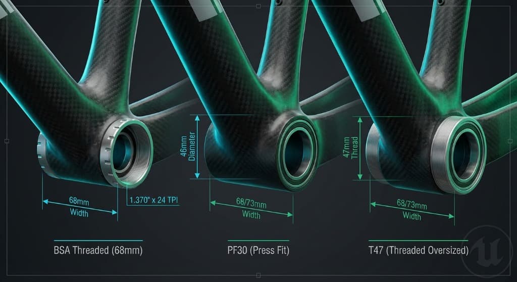 Comparison of BSA, PF30, and T47 bottom bracket shell dimensions
